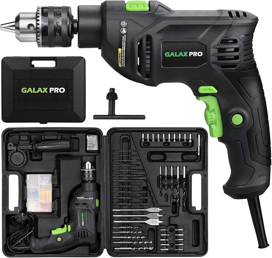 GALAX PRO 5Amp 1/2-inch Hammer Drill with 105pcs Accessories, Variable Speed 0-3000, Hammer and Drill 2 Functions in 1, 360째Rotating Handle, Depth Gauge, Carrying Case Included