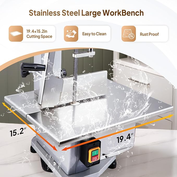 ROVSUN 1500W Electric Bone Saw Machine, 0.16-7.9Inch Cutting Thickness Frozen Meat Cutter with 6 Saw Blades, Commercial Bandsaw Machine Stainless Steel 19.4 x 15.2 In Table for Chicken Fish Beef