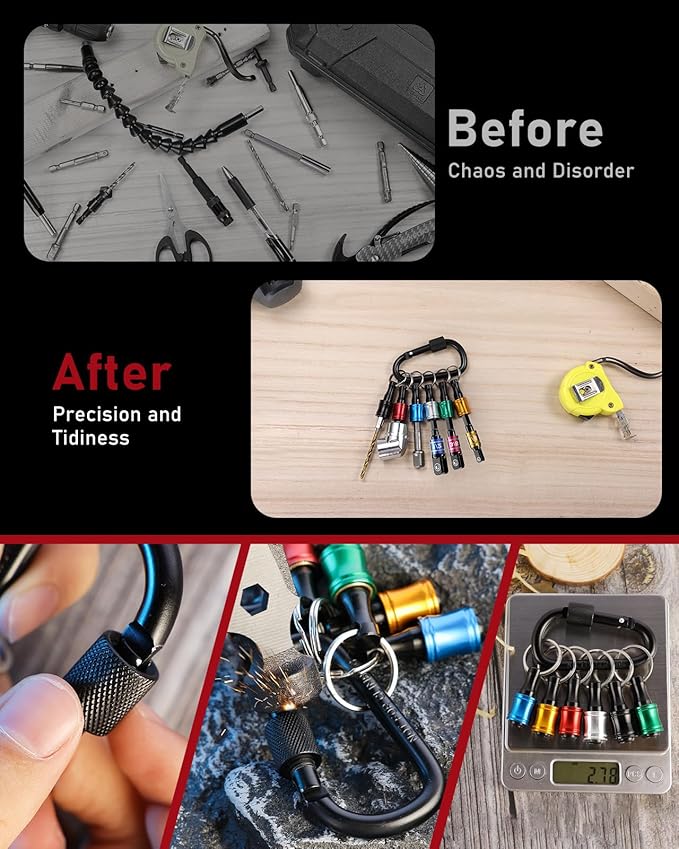 katerk 18pcs Bit Holder with Carabiner Socket for Mens Gift, 1/4 inch Hex Shank Aluminum Alloy Screwdriver Bit Holders, Quick Release Easy Change Impact Driver Drill Bit Keychain Extension