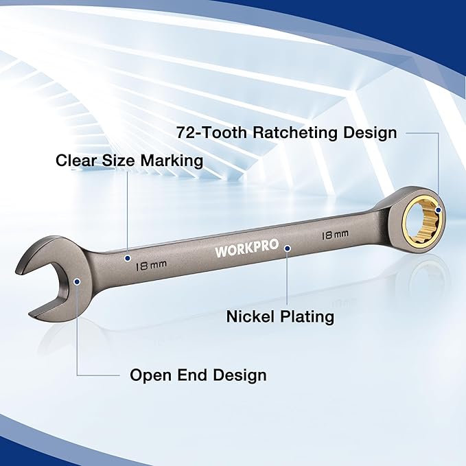 WORKPRO 22-Piece Ratcheting Wrench Set, Ratchet Combination Wrench Sets with Organizer Box, Nickel Plating, 72 Teeth, Metric 6-18mm & SAE 1/4-3/4"