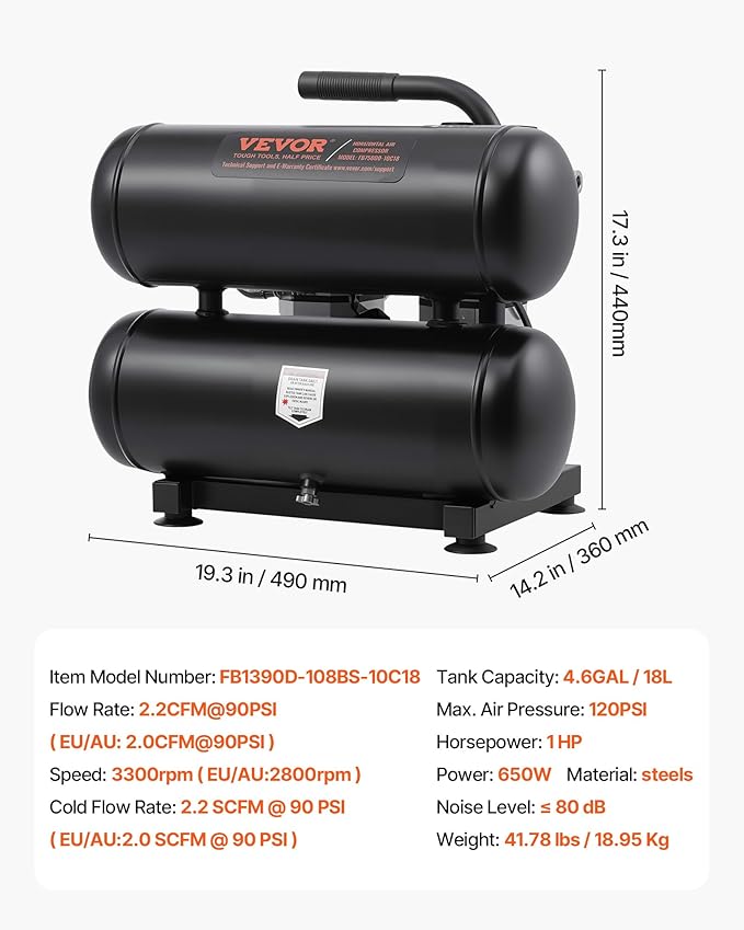 VEVOR Air Compressor, 4.6 Gallon Steel Tank, 1HP 2.2CFM@90 PSI Oil Free Air Compressor & Max 120PSI Pressure, 80dB Ultra Quiet Portable Compressor for Auto Repair, Tire Inflation, Spray Painting, 120V