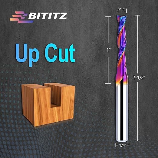 Upcut Spiral Router Bit 1/4 Inch Shank 3/16 Inch Cutting Diameter 1 inch Cutting Length with Extra Long Life Coating CNC Router Bits End Mill for Wood Cutting, Slot Mortise, Engraving