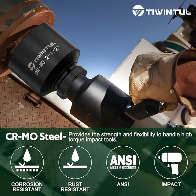 2-1/2" Impact Socket 1" Drive, 6 Point Design, CR-MO, ANSI Certified, Large & Spindle Nut Socket 1 Inch Drive for Heavy Truck, Construction, Oilfield & Equipment Service