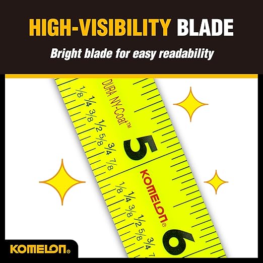 Komelon 25-Ft Retraction Control Tape Measure with Fraction Marks, Backside Printing, High Visibility Blade (TC25)