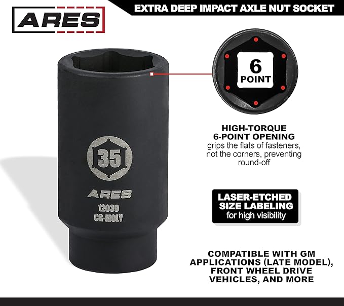 ARES 12039-35MM Axle Nut Socket - 6 Point Socket - Extra Deep 1/2-Inch Drive Impact Socket for Easy Removal of Axle Shaft Nuts