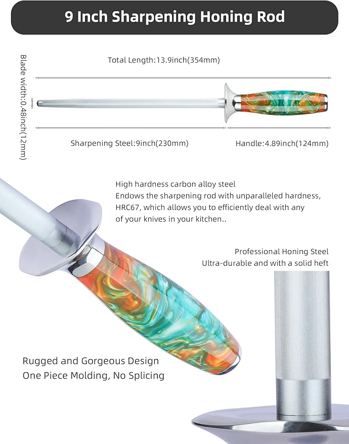 Honing Rod, Sharpening Steel for Kitchen Knives ??9" Honing Steel ??Resin Handle ??XUAN Series (Fantasy Orange)