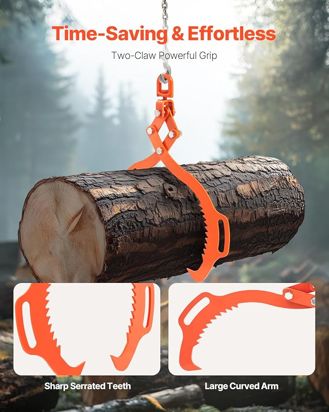 VEVOR Log Lifting Tongs 28in, 2 Serrated Claw Hook Log Tongs, Heavy Duty Steel Swivel Dragging Tongs, 1100LBS Log Grapple with Handles, Lumber Log Skidding Tongs for Tractors, Trucks, Forklifts, ATVs
