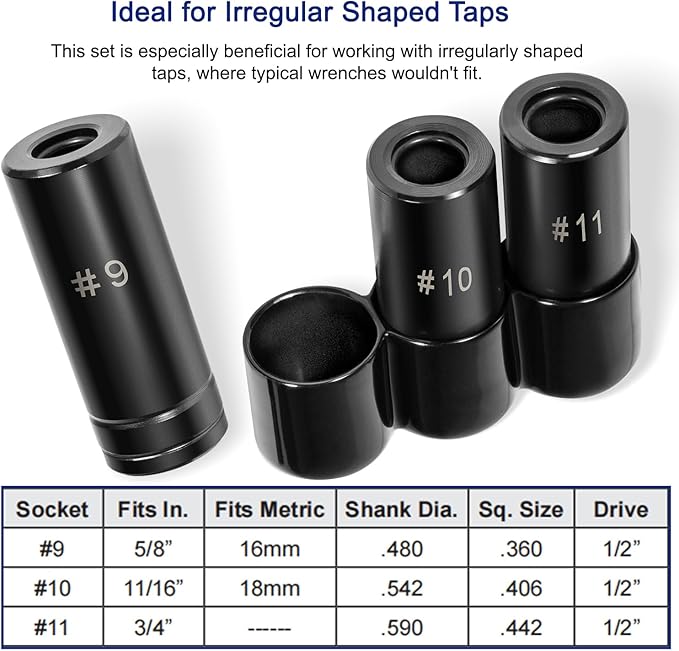 3-Piece 70940 Tap Socket Set, 5/8?쇺?11/16?쇺?3/4?쇺?Tap Sockets #9#10#11, For Larger Fractional M.C.T.I. Standard taps, Use with 1/2?쒾quare Drive (70940, Large)
