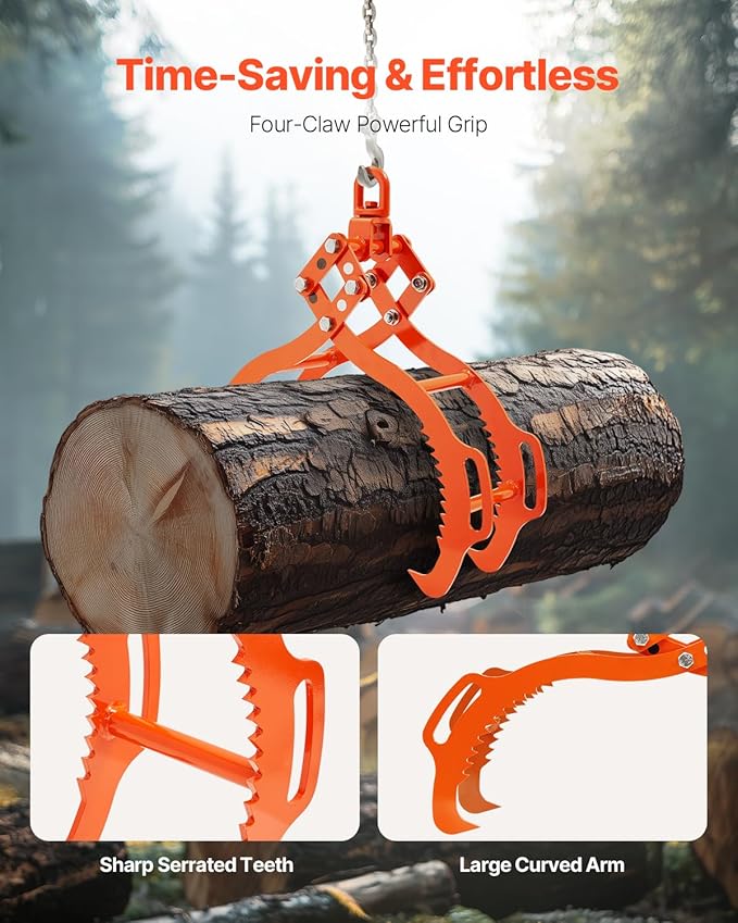 VEVOR 28in Log Lifting Tongs, 4-Claw Log Tongs, Heavy Duty Steel Log Grapple, 1000LBS Lifting Capacity, Swivel Log Graper Timber, Eagle Claw Design, Log Skidding Tongs for Trucks, Tractors, Forklifts
