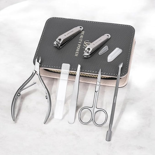 Manicure Pedicure Set 7-in-1 Stainless Steel, Ultra Sharp, Slanted Nail Clipper, Fingernail Clipper, Cuticle Nipper, Glass Nail File, Eyebrow Tweezers, Scissors, Case ??Gift (Matte Gray)