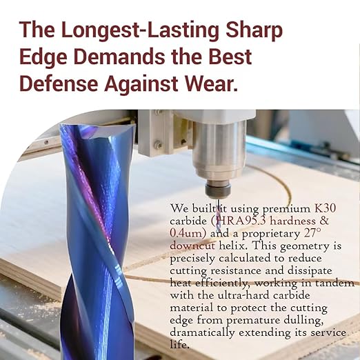 Long-Lasting Sharp 1/2 Downcut Spiral Router Bit - K30 Premium Carbide 2 Flute 1/2 Shank for Laminate Wood Plywood Cutting CNC Endmill with Nano Blue Coating 1-1/4'' CL, 3'' OVL