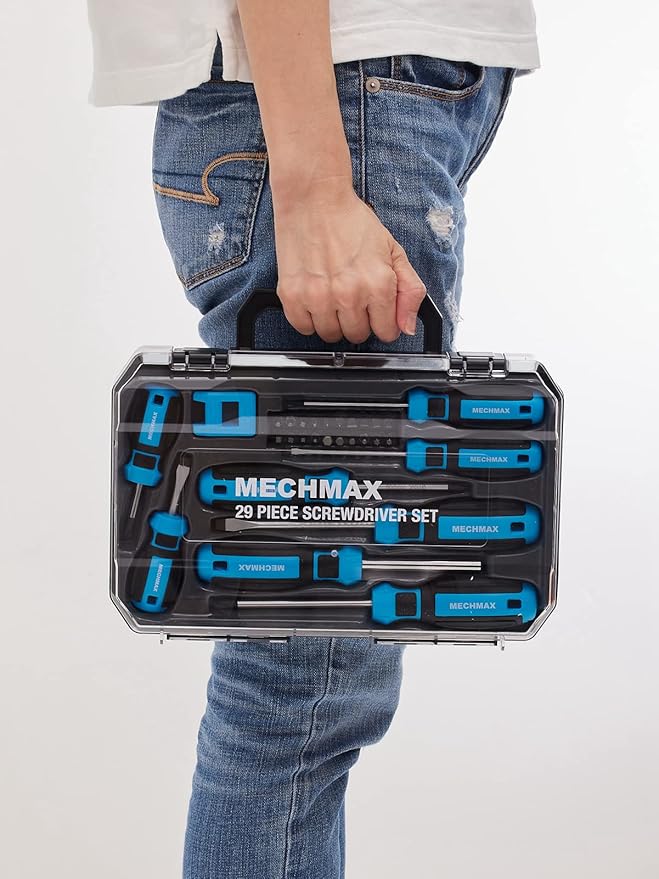 29 Piece MECHMAX Magnetic Screwdriver Set with Assorted Bits Includes Phillips, Slotted, Star, Hex & Square Bits, Features Magnetizer/Demagnetizer & Storage Case, Hand Tool Kit for Home Repair
