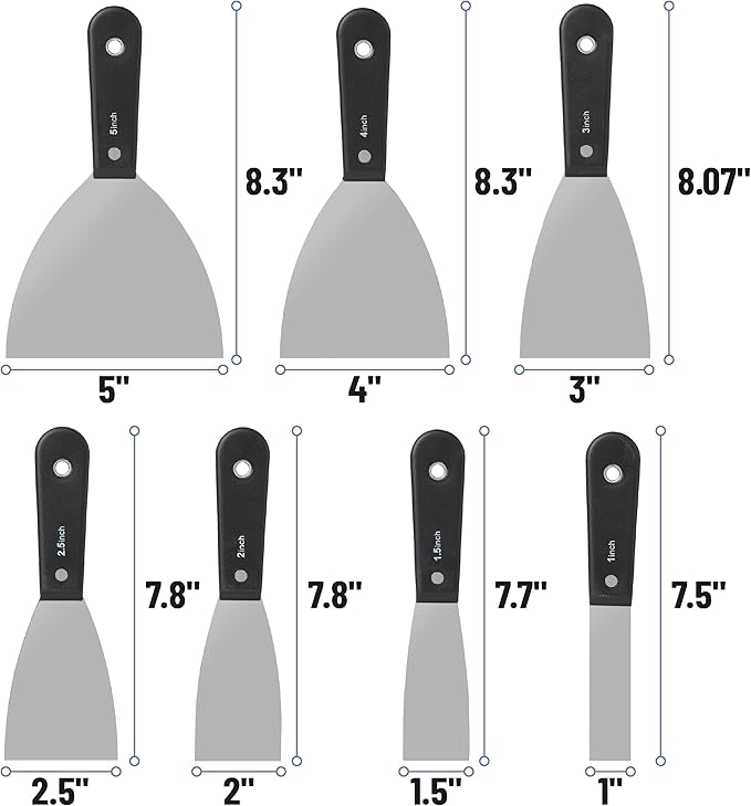 Bates- Putty Knife Set, 7 pcs, Stainless Steel, 1" 1.5" 2" 2.5" 3" 4" 5" Flexible Metal Scraper, Drywall Spackle Knife, Metal Paint Scraper Tool, Putty Knife Scraper, Wall Scraper, Drywall Knife