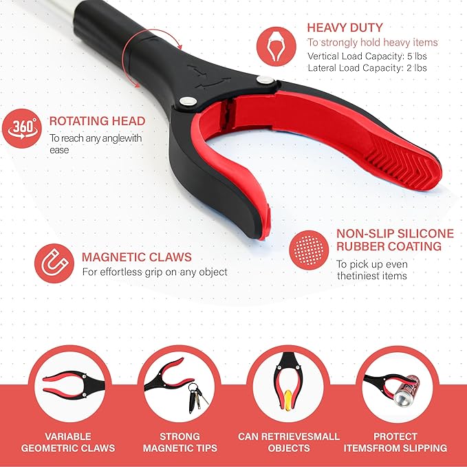 Grabber Reacher Tool - 32??Reacher Grabber Tool with Strong Magnetic and Swivel Head - Heavy Duty Pick Up Stick Grabbers for Seniors, Trash, Surgery Recovery Must Haves Gifts(Red)