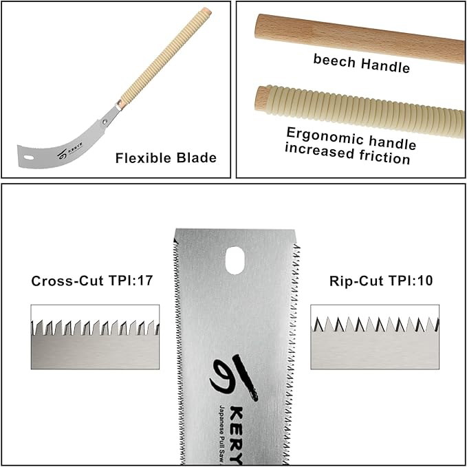 KERYE Japanese Pull Saw 9.5 Inch, Hand Saw with Double Edges of 10/17 TPI and Replaceable Blade, Ryoba Wood Cuttter, Sharp and Light Woodworking Tools Gifts for Men and Women-KY01