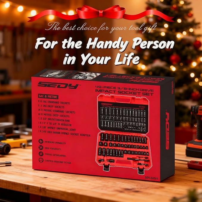 3/8" Drive Impact Socket Set - 49-Piece SAE (5/16 to 3/4 inch) and Metric (8-22mm) Sizes with Extension Bars and Universal Joint Standard & Deep CR-V Material for High Durability Impact Wrench