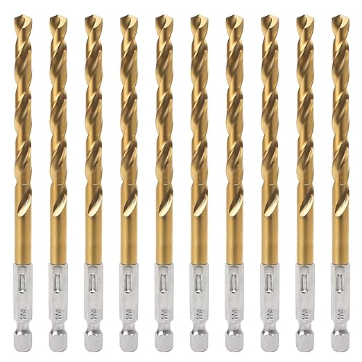 Hex Shank Drill Bits - Set of 10Pcs, 1/4 Inch Premium 4341 HSS Titanium Impact Hex Drill Bits for Wood, Steel, Metal, Plastic, Quick Change Design