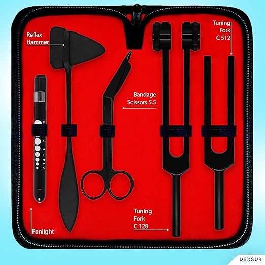 Diagnostics Kit - Percussion Taylor Reflex Hammer + C 128 & C 512 Tuning Forks + Bandage Scissors + Pupil Gauge Pen Light in Carrying Case - 6 Pieces Set - Full Black