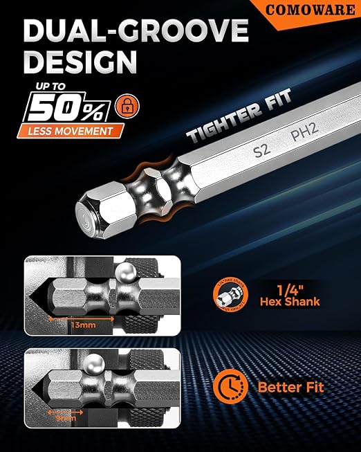 COMOWARE High Magnetic Screwdriver Drill Bit Set, 12PCS, #2 Anti-Slip Long Phillips Bits, S2 Steel, Chrome Plated for Rust Resistance, 1??" Magnetic Impact Bits for Power Drill