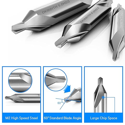 DKIBBITH 5pc Long Center Drill Bit Set, M2 HSS 60-Degree Angle 4'' Overall Length Center Drill Bits Kit, Countersink Tools for Metalworking Lathe Milling and Countersinking, Size 1.0 2.0 3.0 4.0 5.0