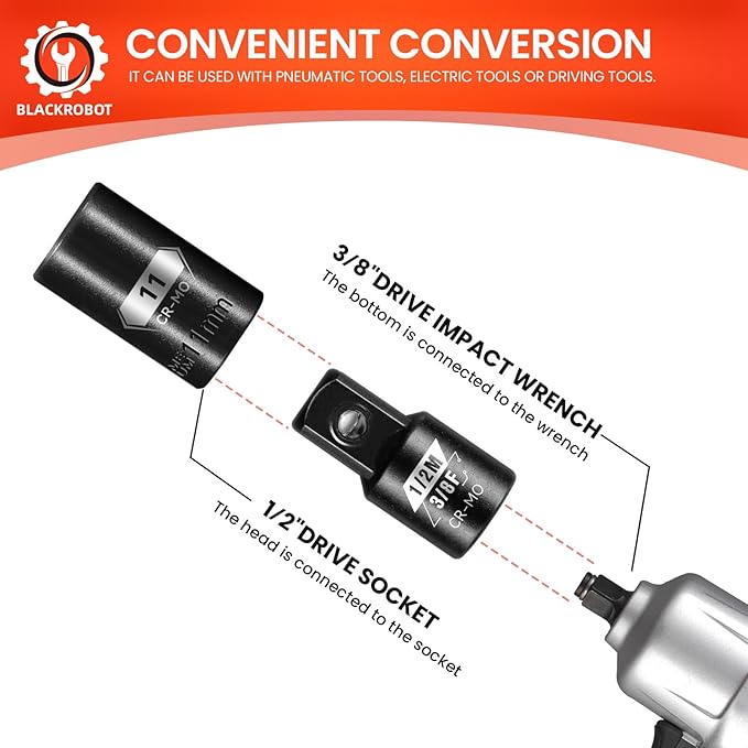 BLACKROBOT 2 Piece 3/8?쒯 To 1/2?쒶 Impact Socket Adapter Set,SAE Drive Cr-Mo Steel Exceeds ANSI Standards,Square Drive Reducer for Impact Driver Wrench