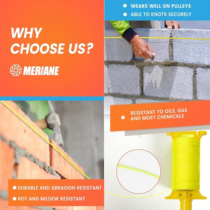 MERIANE 250FT Mason Line w/Reloadable Line Reel, 18# Braided Twine String for Masonry Job, Level Lines in Construction, Gardening, Fluorescent Yellow