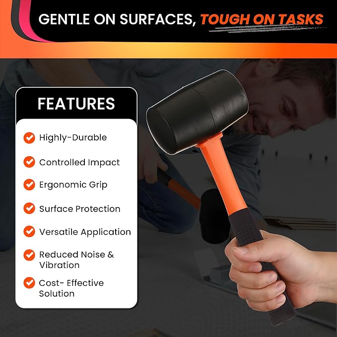 16oz Rubber Mallet Hammer | Non-Marring Soft Blow Mallet with Fiberglass Shock-Absorbing Handle for Woodworking, Flooring, Camping, and Assembly