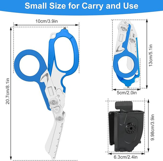 Heavy Duty 6-in-1 Emergency Trauma Shears with Carbide Glass Breaker & Ring Cutter Foldable Stainless Steel Multi-Purpose Scissors for First Responders, Hospital, Home, Camping, Travel Rescue (Blue)