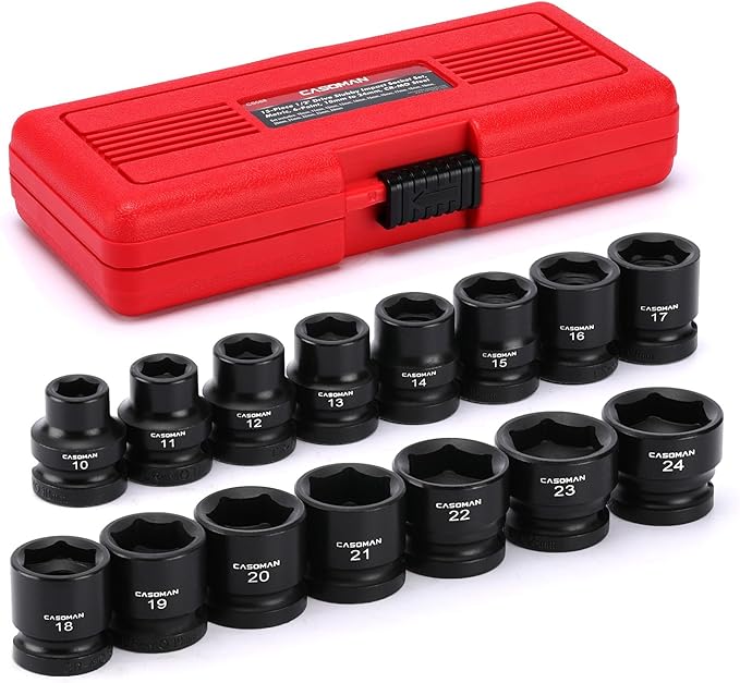 CASOMAN 15PCS 1/2" Drive Stubby Impact Socket Set, Low Profile, 8-24mm, Metric, CR-MO, 6-Point, 15 Pieces Shallow Socket Set for Automotive Maintenance, Repairs and DIY, for Tight Areas
