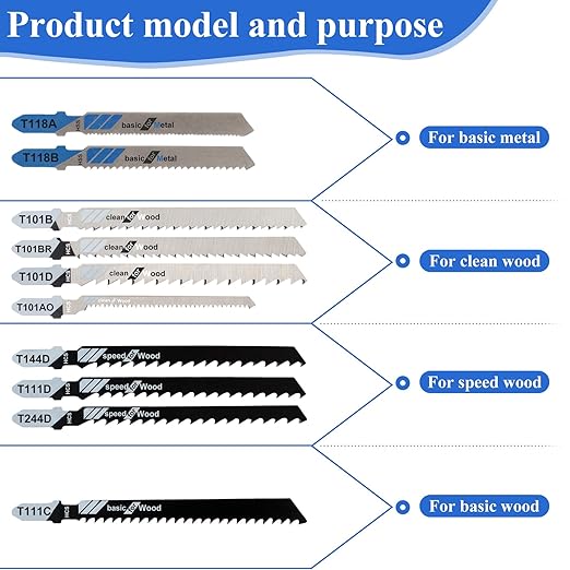 Jigsaw Blades, 10 Piece Jig Saw Blades, Assorted T-Shank jig Saw Blades for Wood, Metal and Plastic Cutting(T111D, T101AO, T101BR, T101D, T101B, T118A, T118B, T144D, T244D,T111C)