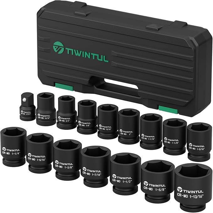 3/4" Drive Shallow Impact Socket Set, 16PCS 6-Point SAE (3/4??to 1-13/16??, 13/16??Square Socket, Heavy Duty Impact Socket Set with 1/2"F to 3/4"M Adapter for Auto, Truck, Large Equipment