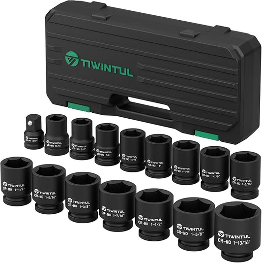 3/4" Drive Shallow Impact Socket Set, 16PCS 6-Point SAE (3/4??to 1-13/16??, 13/16??Square Socket, Heavy Duty Impact Socket Set with 1/2"F to 3/4"M Adapter for Auto, Truck, Large Equipment
