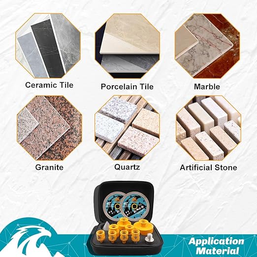 Diamond Tile Hole Saw Kit 12pcs - 6/8/10/25/35/50/65mm Core Drill Bits,10mm Milling Bit and 2" Chamfer Bit with Hex Adapter and 4.5" 2pcs Diamond Blade and for Tile Porcelain Marble