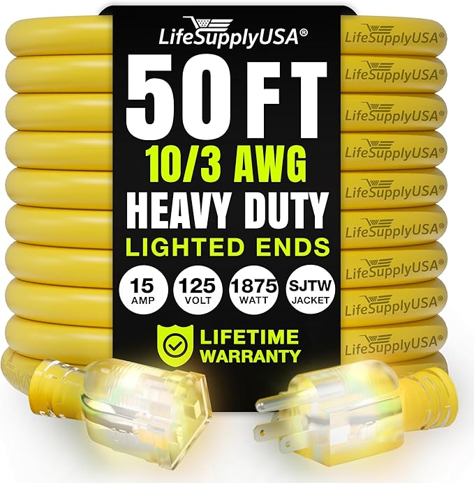 50ft Outdoor/Indoor Extension Cord 10/3 Gauge Ultra Heavy Duty 3 Prong SJTW, Waterproof, Flexible Cold-Resistant Long Power Cord,15A 125V 1875W, Yellow by LifeSupplyUSA