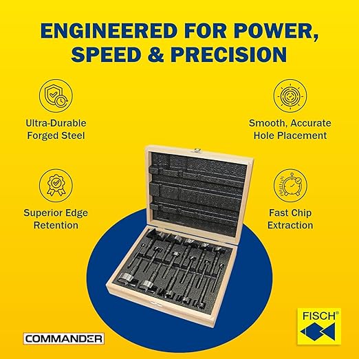 Fisch Black Shark Forged Steel Forstner Drill Bit for Woodworking, Precision Wave Design, Clean Cuts in Hardwoods, MDF, and Plywood, Made in Austria, 16 Pcs. Set Inc.(1/4" to 2-1/8") in a Box