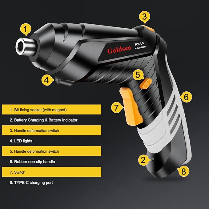 Electric Screwdriver Goldsea 4.2V Cordless Screwdriver 3.5N.m 1500mAh Type-C Charging 10pcs Screwdriver Bits 1/4??Hex Chuck 90째/180째 deformation handle Forward and reverse adjustment LED Light