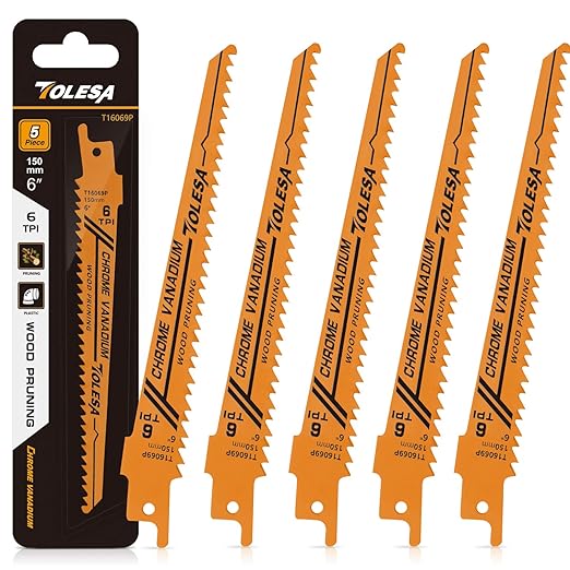 TOLESA Wood Pruning Reciprocating Saw Blades 6 inch 6 TPI Sawzall Blades Green Wood Construction and PVC Pipe CRV Sharp Ground Teeth for Quick Cutting Sabre Saw Blades 5 Pack