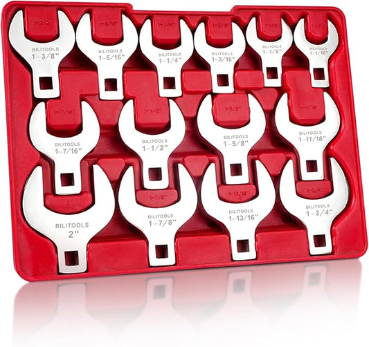 BILITOOLS 14-Piece Jumbo Crows Foot Wrench Set, 1/2" Drive Big Crowfoot Wrench, SAE, 1-1/16" - 2" mm, CR-V Steel