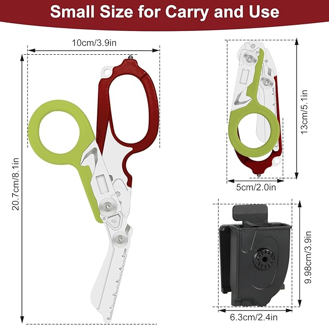 6-in-1 Heavy Duty Emergency/Trauma Shears, with Carbide Glass Breaker, Ring Cutter, Foldable, Stainless Steel Multi-Purpose Scissors for Hospital, Home, Camping, and Travel Rescue Tools (Red+Green)