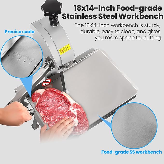 1000W Electric Bone Saw Machine, 18x14" Stainless Steel Worktable, Cuts 0.04-3.9" Thickness, Frozen Meat Cutter with 8 Blades Included, Commercial Bandsaw Machine for Rib Pork Beef
