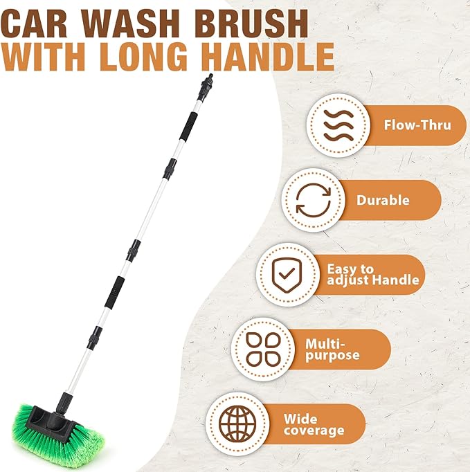 Maxdot 60 Inch Car Wash Brush with 10 Inch Soft Bristle Head for Flow-Thru On/Off Switch for Car Truck Boat Cleaning Washing House Siding, Auto Cars, Trucks, SUV, Rv, Floors(Green)