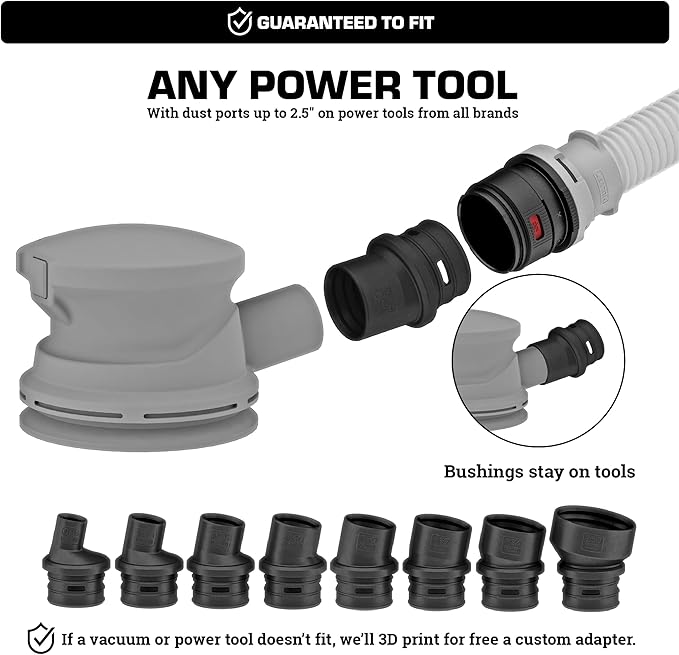 Mullet Tools FitsAll Shop Vac & Power Tool Hose Kit - 8 Dust Port Bushings, Translucent Shop Vacuum Hose, 10ft Hose, 1.25-inch diameter, Kink and Crush Resistant