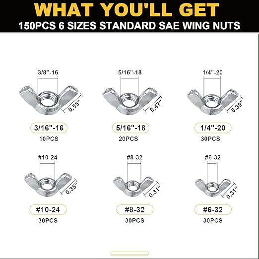Siptenk Wing Nuts 300PCS, Metric & SAE Wingnuts 12 Assorted Sizes Carbon Steel Zinc Plated Butterfly Wing Nut M3-M10 6-32 to 3/8"-16 Fasteners Hardware Assortment Kit