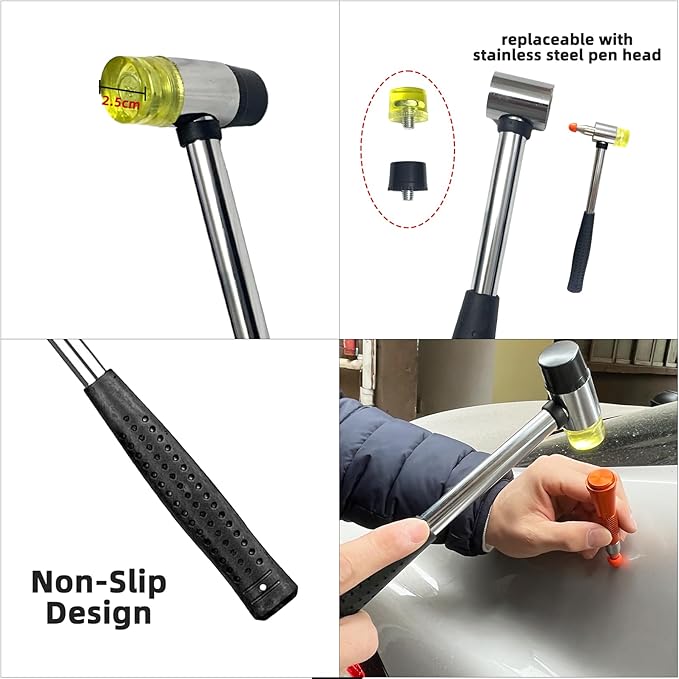 Car Dent Repair Kits,41 pcs Paintless Dent Removal Tools,Auto Body Dent Repair Tool Kit,with Big Curved Rod,Knock Down Pen with 7 Stainless Steel Pen Heads,Rubber Hammer and More.
