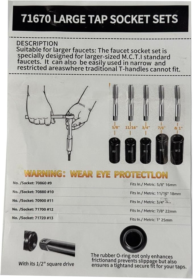 71670 Large Tap Socket Set 5 pcs Compatible with 5/8" 11/16" 3/4" 7/8" and 1" Taps with 1/2" Drive Fits MCTI Standard Taps