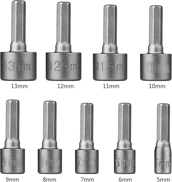 Nut Driver Set, HPHOPE 9 Pcs Socket Spanner Set 5-13mm Socket Bit Adapter 1/4 Inch Hex Shank, Suitable for Any Brand of Hand Drills, Electric Drills, Electric Screwdrivers and Socket Wrench