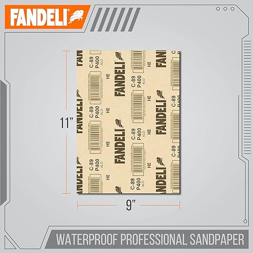Fandeli | Waterproof Sandpaper | 400 Grit | 25 Sheets 9'' x 11'' | For for Plastic, Lacquer, Varnish, and Pain | Water Resistant