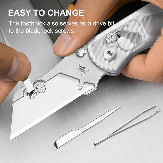 Kizer Uti Bear(New Dual-screw Version) Folding Utility Knife, Clutch Lock Box Cutter EDC Pocket knife with 5PCS Razor Blades, Pocket Knives with Pocket Clip for Men Women V3619JA5