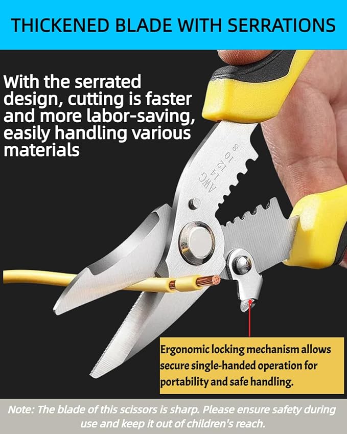 Scissors All Purpose Heavy Duty - Electrician Scissors for Cutting/Stripping Wires - Sharp Shears With Serrated Blades - Utility Snips Easy Cutting Carpet/Cardboard/Wires/Leather/Fabric (7.68In)