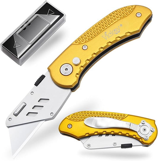 Vickay Folding Utility Knife Box Cutter Utility Blades Heavy Duty with 5 SK5 Quick Change Blades, Safety Axis Lock Design Razor Knife, Lightweight Aluminum Body Belt Clip for Office (yellow)
